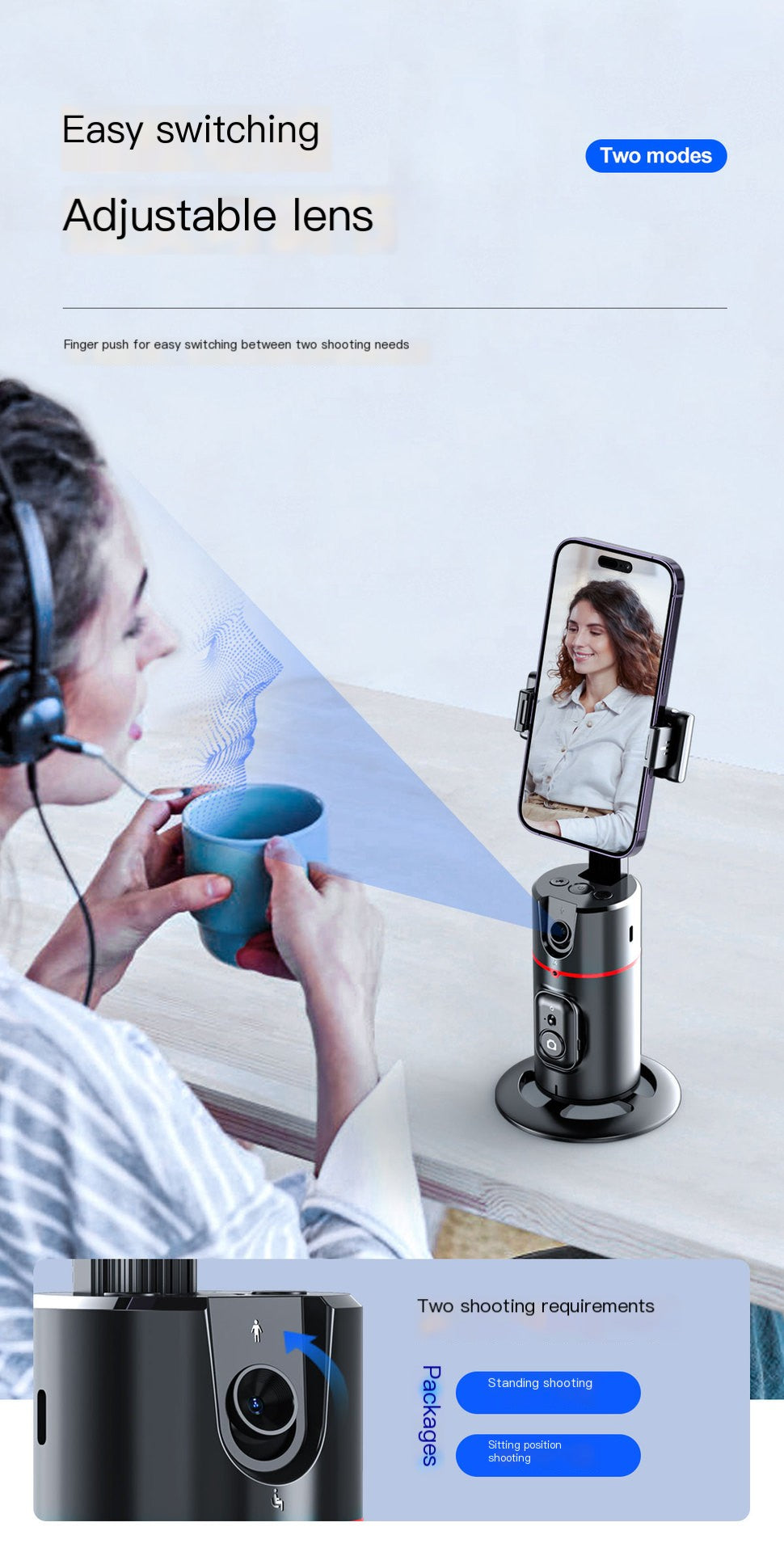 Soporte Selfie PTZ 360° con Seguimiento Facial IA — Voltex