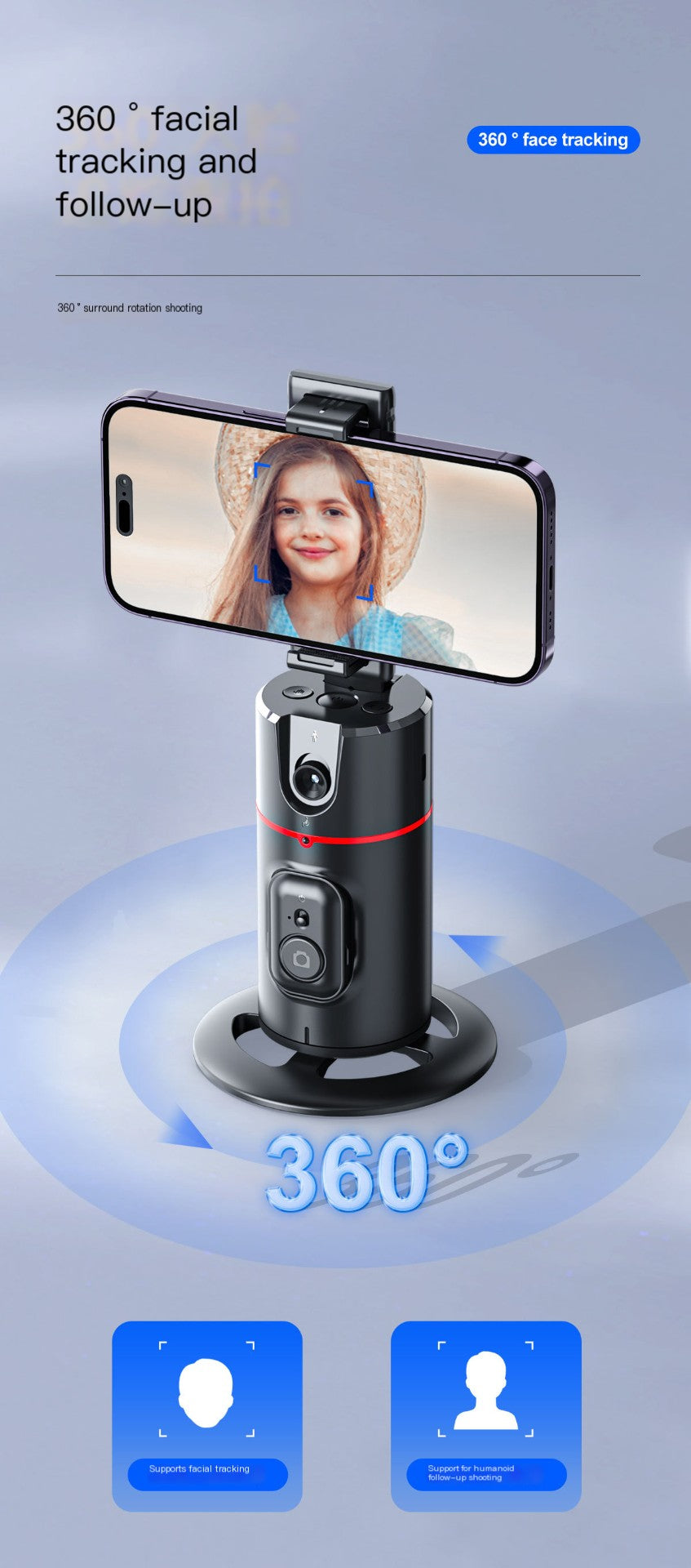 Soporte Selfie PTZ 360° con Seguimiento Facial IA — Voltex