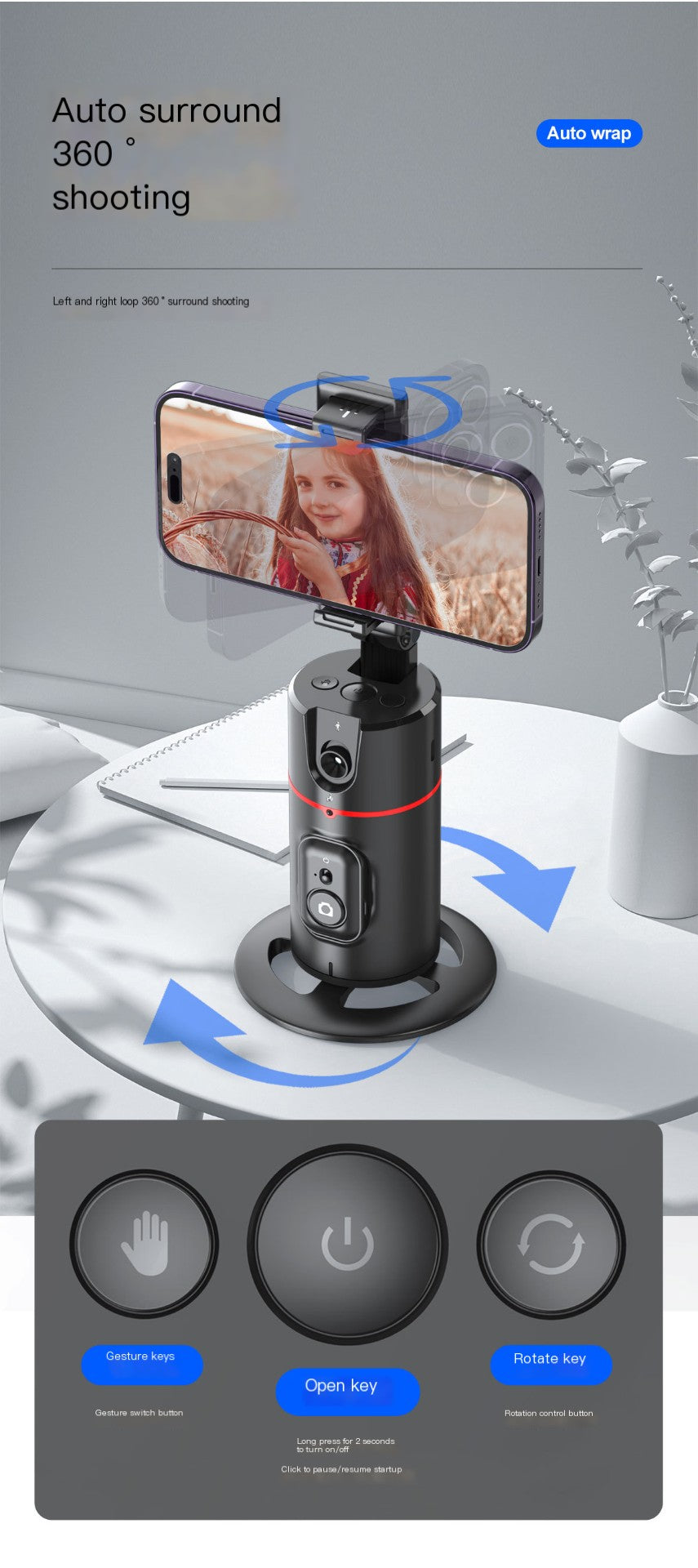 Soporte Selfie PTZ 360° con Seguimiento Facial IA — Voltex