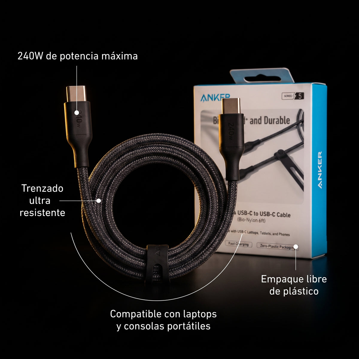 Cable de Carga Anker 240W Trenzado — Serie 5 — Voltex
