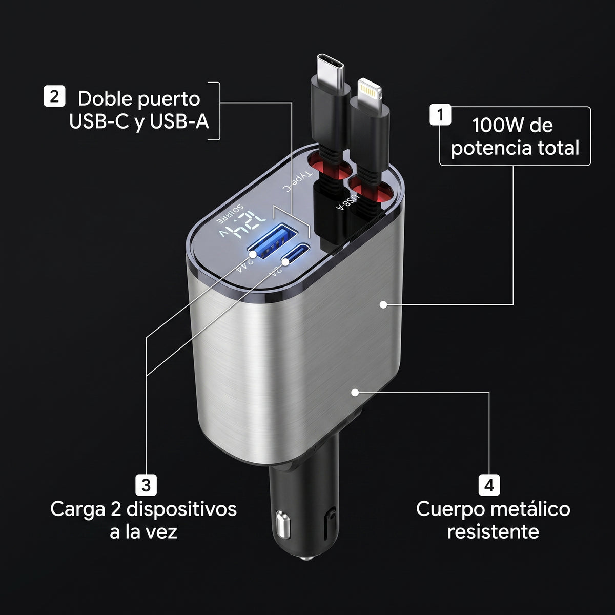 Cargador de Auto 100W con Cables Retráctiles — Voltex