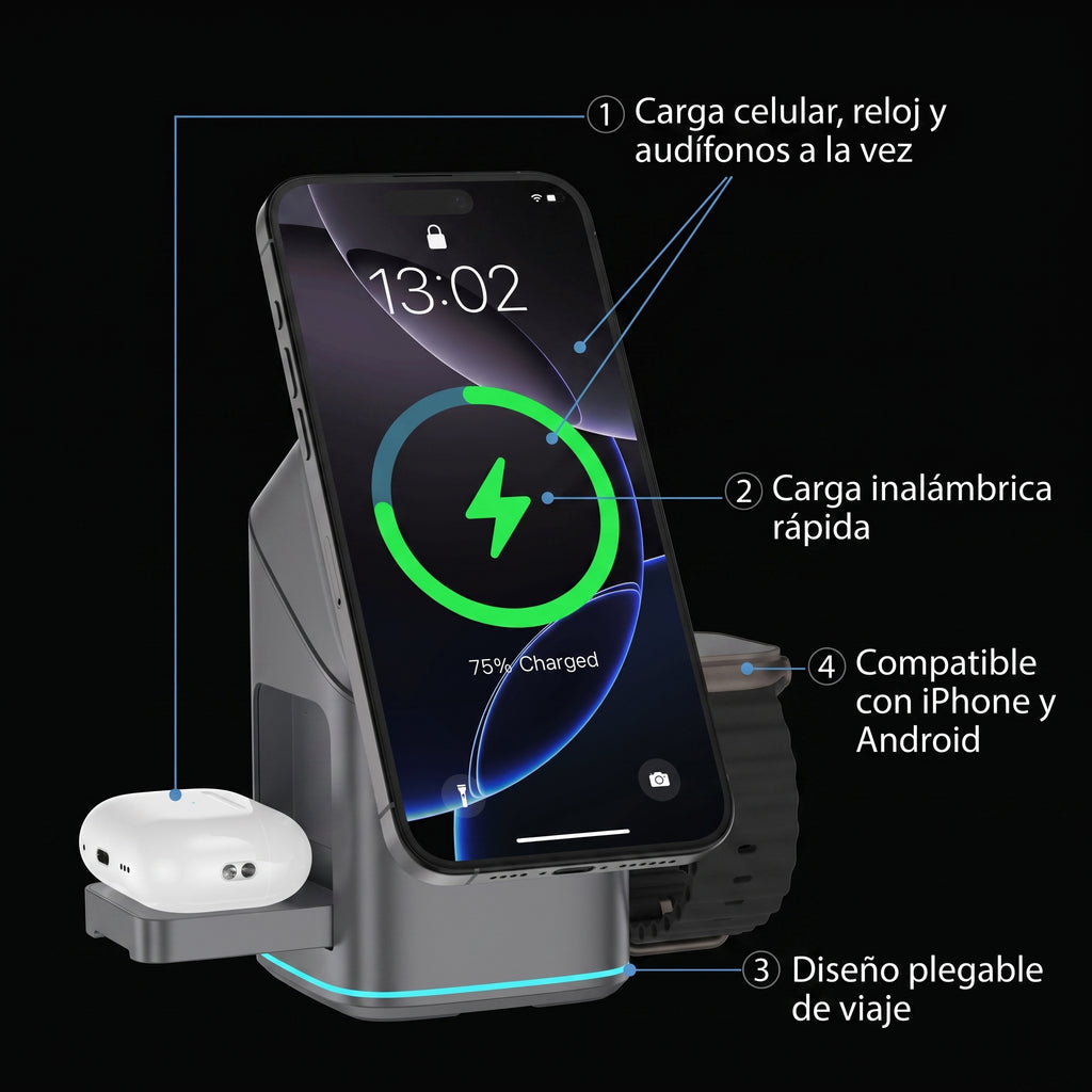 Estación de Carga Inalámbrica 3 en 1 con Reloj Digital — Voltex