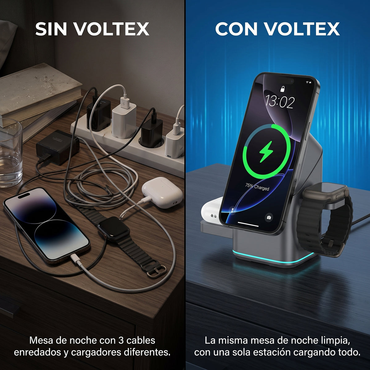 Estación de Carga Inalámbrica 3 en 1 con Reloj Digital — Voltex