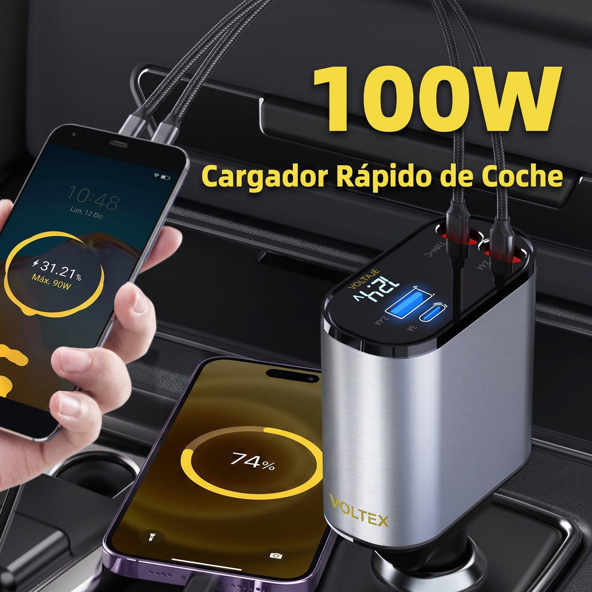 Cargador de Auto 100W con Cables Retráctiles — Voltex