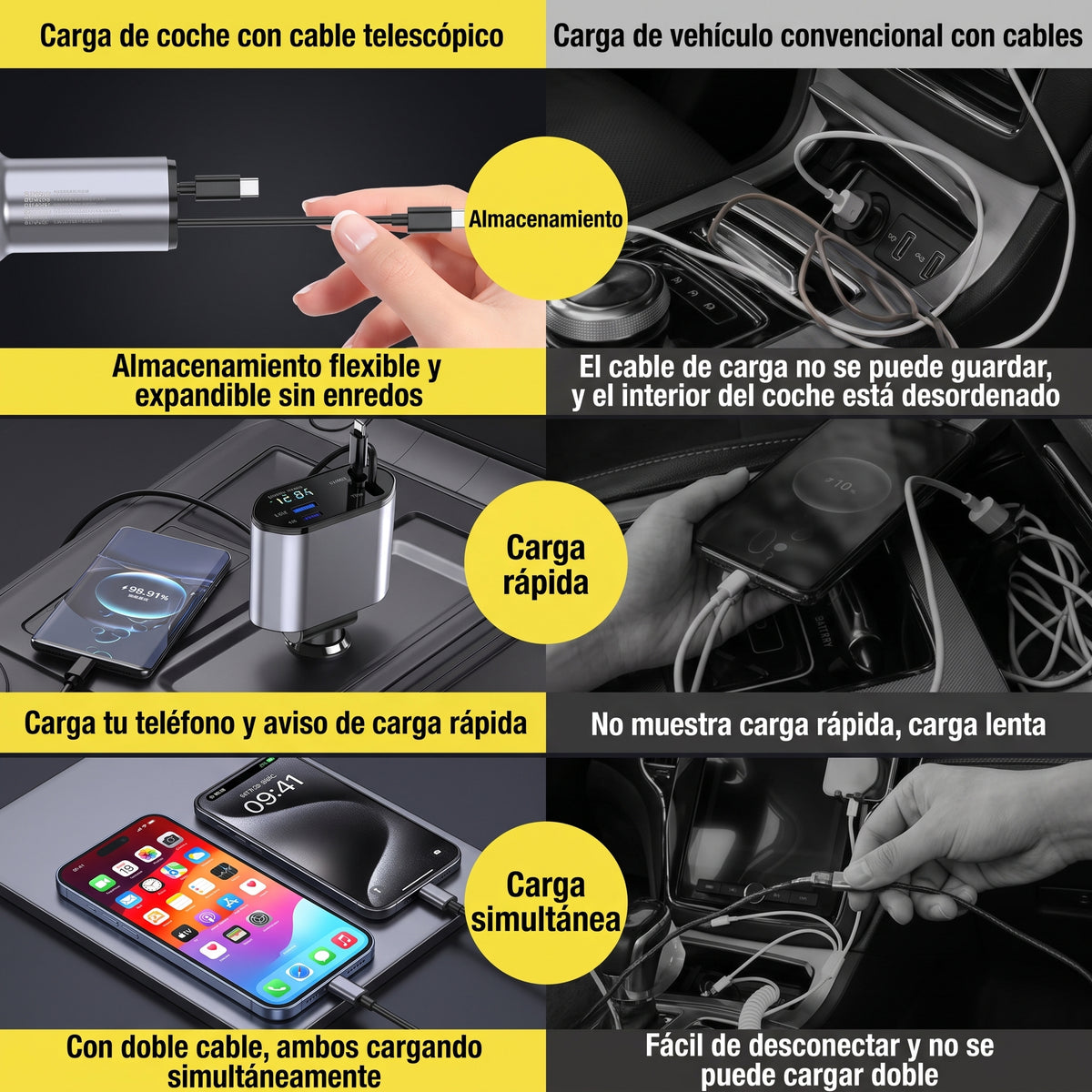 Cargador de Auto 100W con Cables Retráctiles — Voltex