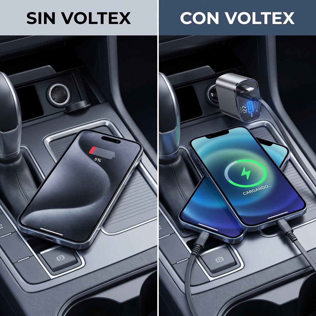 Cargador de Auto 100W con Cables Retráctiles — Voltex