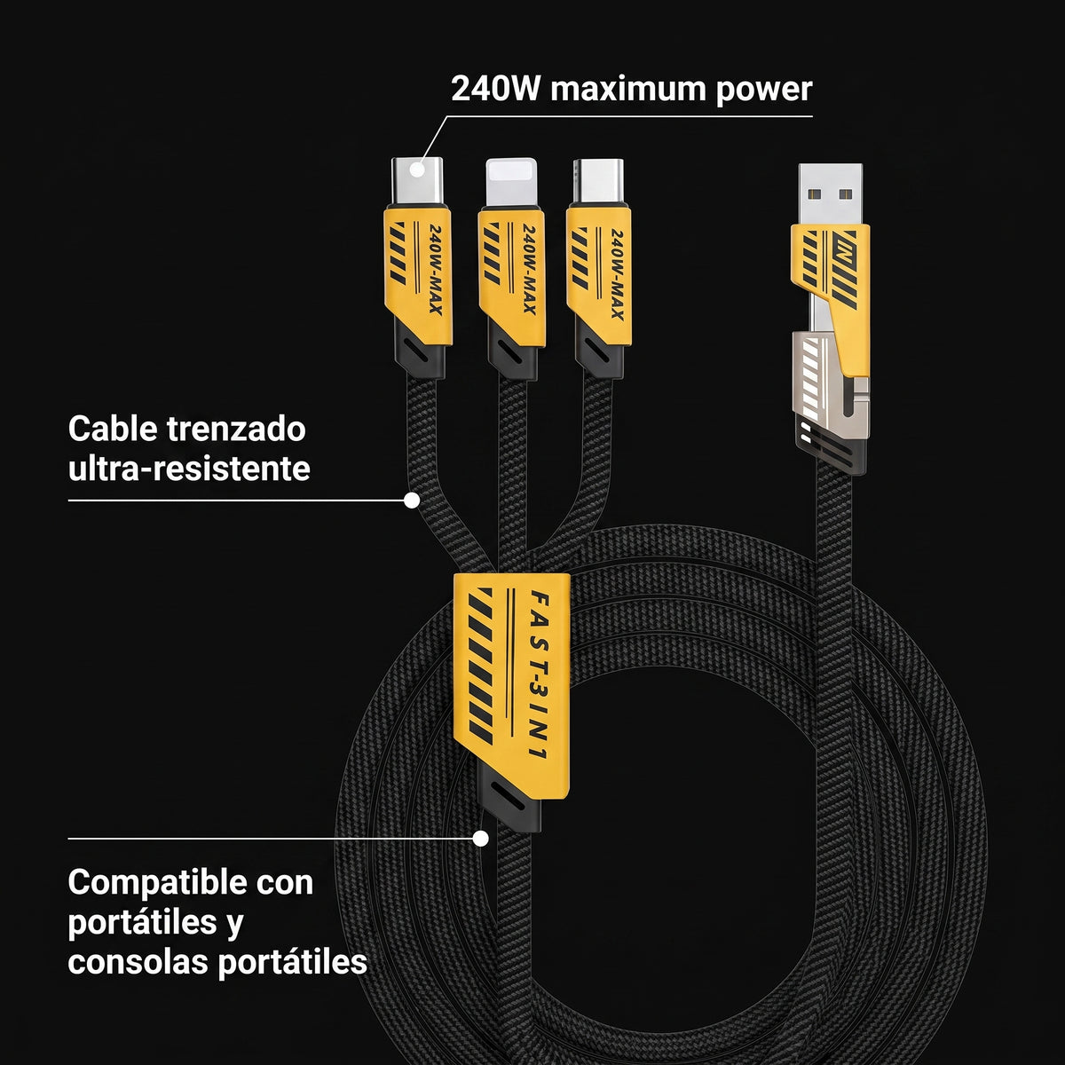 Cable 3 en 1 Carga Rápida 240W (USB-C, Lightning, Micro-USB)