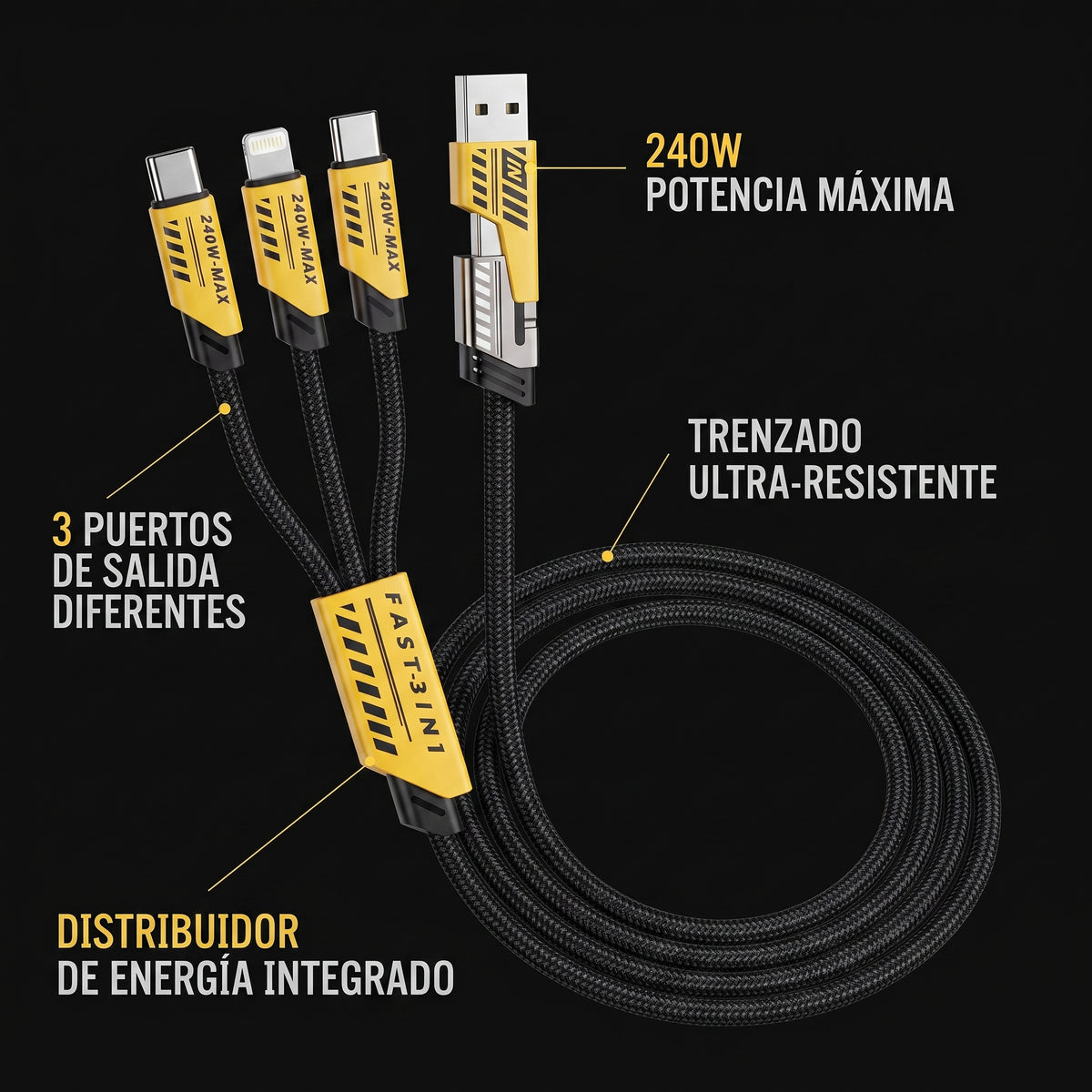 Cable 3 en 1 Carga Rápida 240W (USB-C, Lightning, Micro-USB)