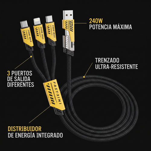 Cable 3 en 1 Carga Rápida 240W (USB-C, Lightning, Micro-USB)