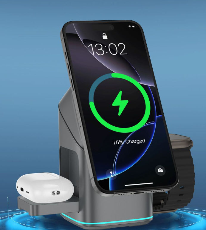 Estación de Carga Inalámbrica 3 en 1 con Reloj Digital — Voltex
