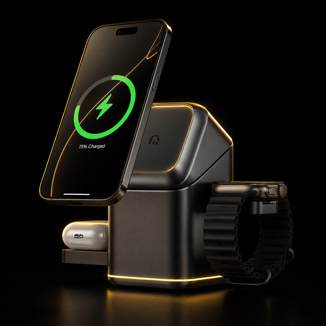 Estación de Carga Inalámbrica 3 en 1 con Reloj Digital — Voltex